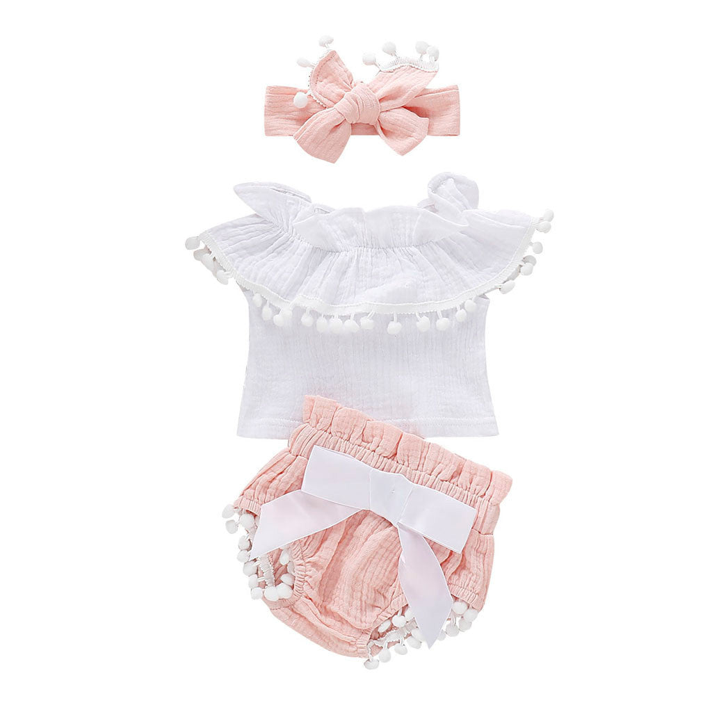 Baby Girl Ruffle Pom-Pom Summer Outfit – Off-Shoulder Top & Bow Bloomers