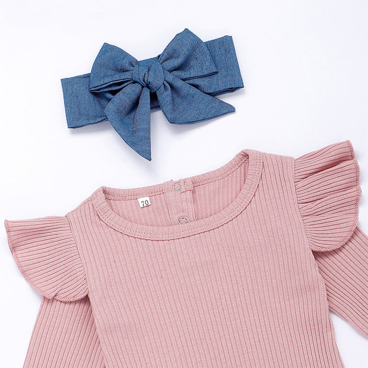 Ruffle Ribbed Top & Bow Denim Pant