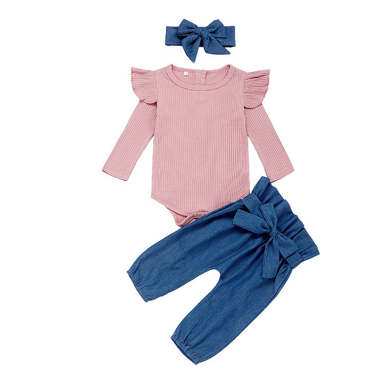 Ruffle Ribbed Top & Bow Denim Pant