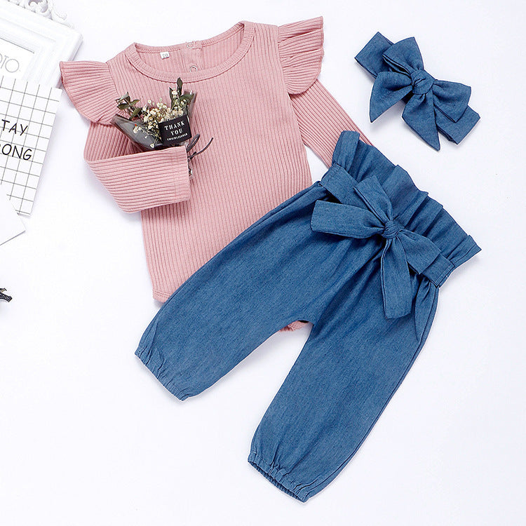 Ruffle Ribbed Top & Bow Denim Pant