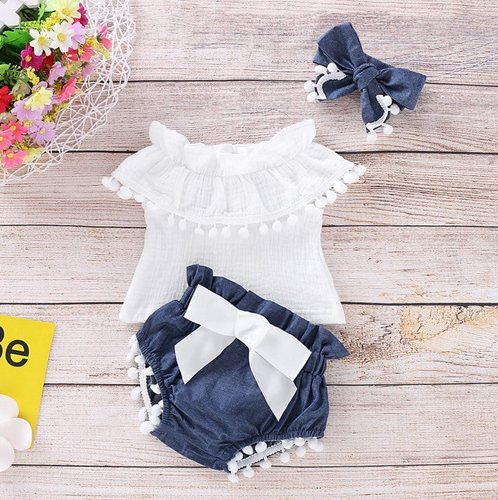 Baby Girl Ruffle Pom-Pom Summer Outfit – Off-Shoulder Top & Bow Bloomers