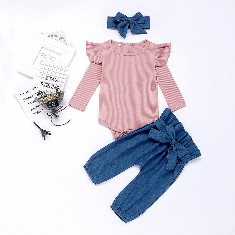 Ruffle Ribbed Top & Bow Denim Pant
