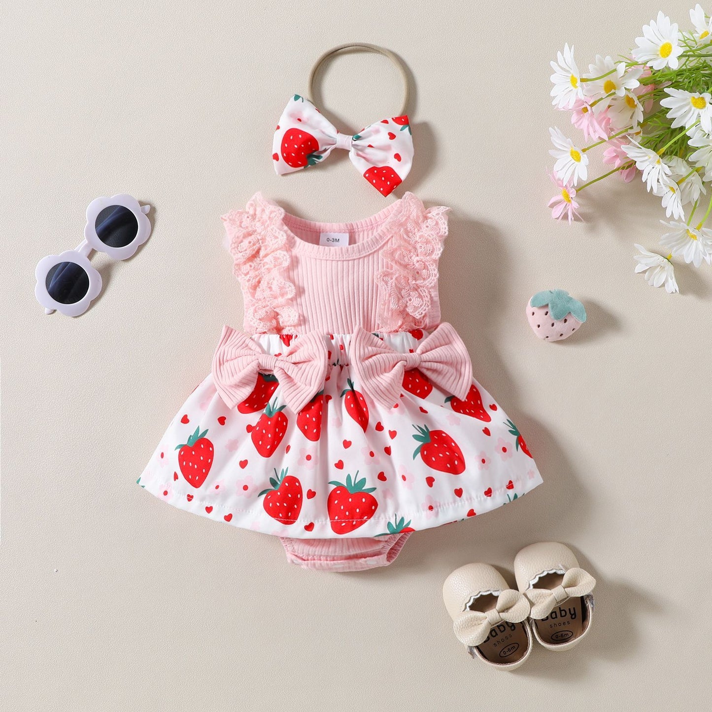Strawerry Romper Dress with Headband