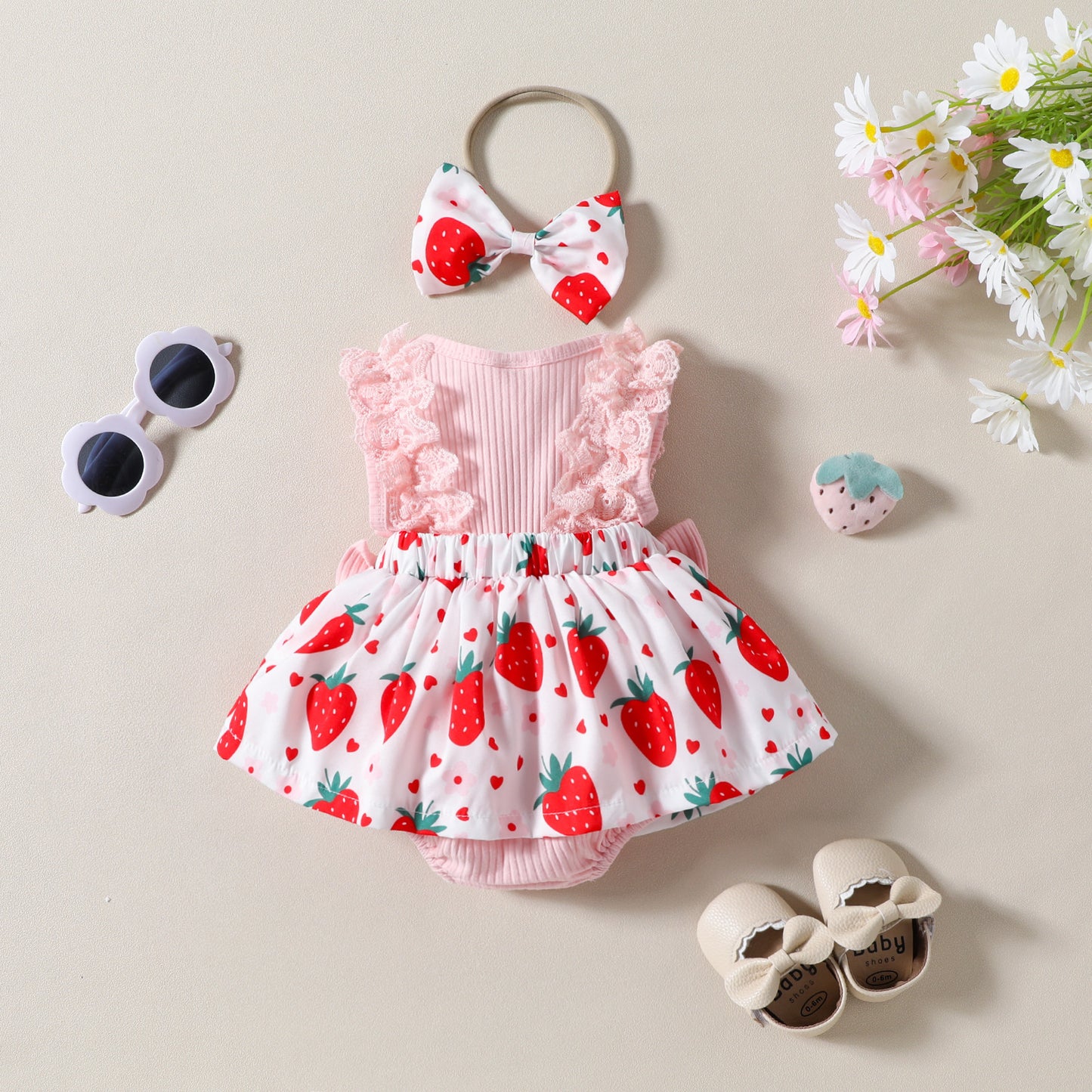 Strawerry Romper Dress with Headband