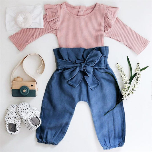 Ruffle Ribbed Top & Bow Denim Pant