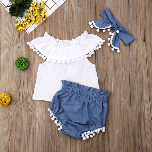 Baby Girl Ruffle Pom-Pom Summer Outfit – Off-Shoulder Top & Bow Bloomers
