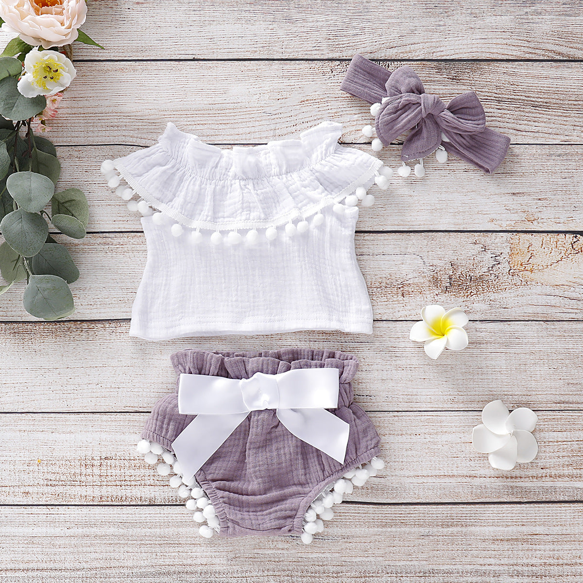 Baby Girl Ruffle Pom-Pom Summer Outfit – Off-Shoulder Top & Bow Bloomers