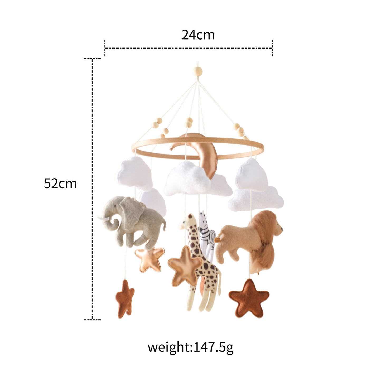 Handcrafted Safari Animal Baby Crib Mobile with Cloud, Star, and Moon Accents