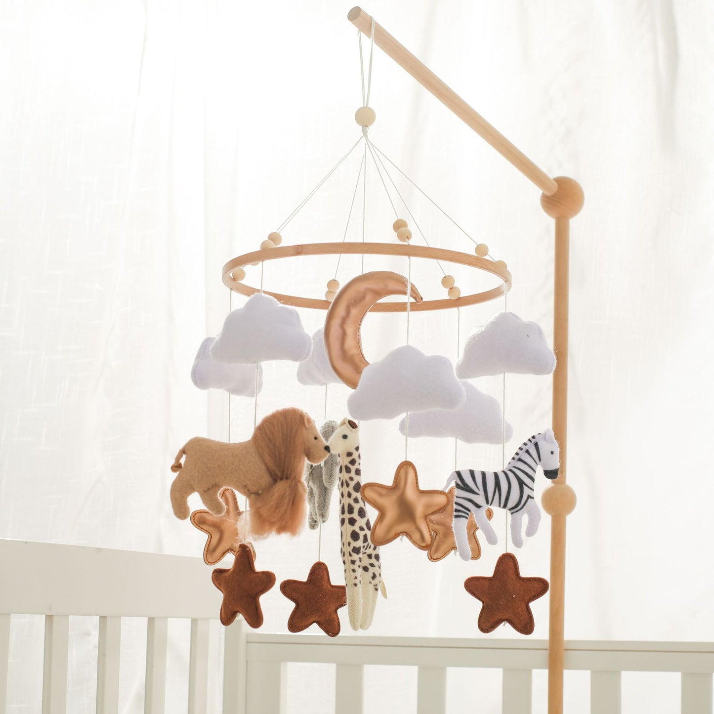 Handcrafted Safari Animal Baby Crib Mobile with Cloud, Star, and Moon Accents