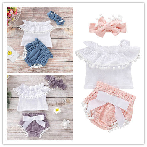 Baby Girl Ruffle Pom-Pom Summer Outfit – Off-Shoulder Top & Bow Bloomers