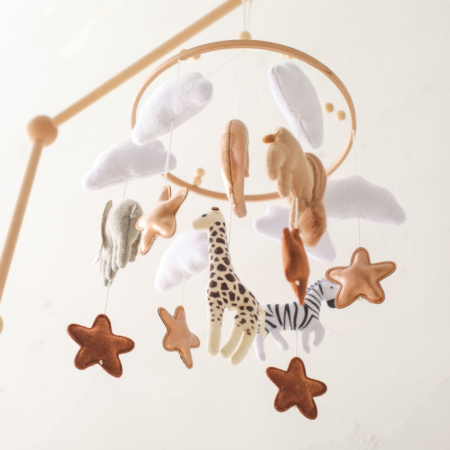 Handcrafted Safari Animal Baby Crib Mobile with Cloud, Star, and Moon Accents