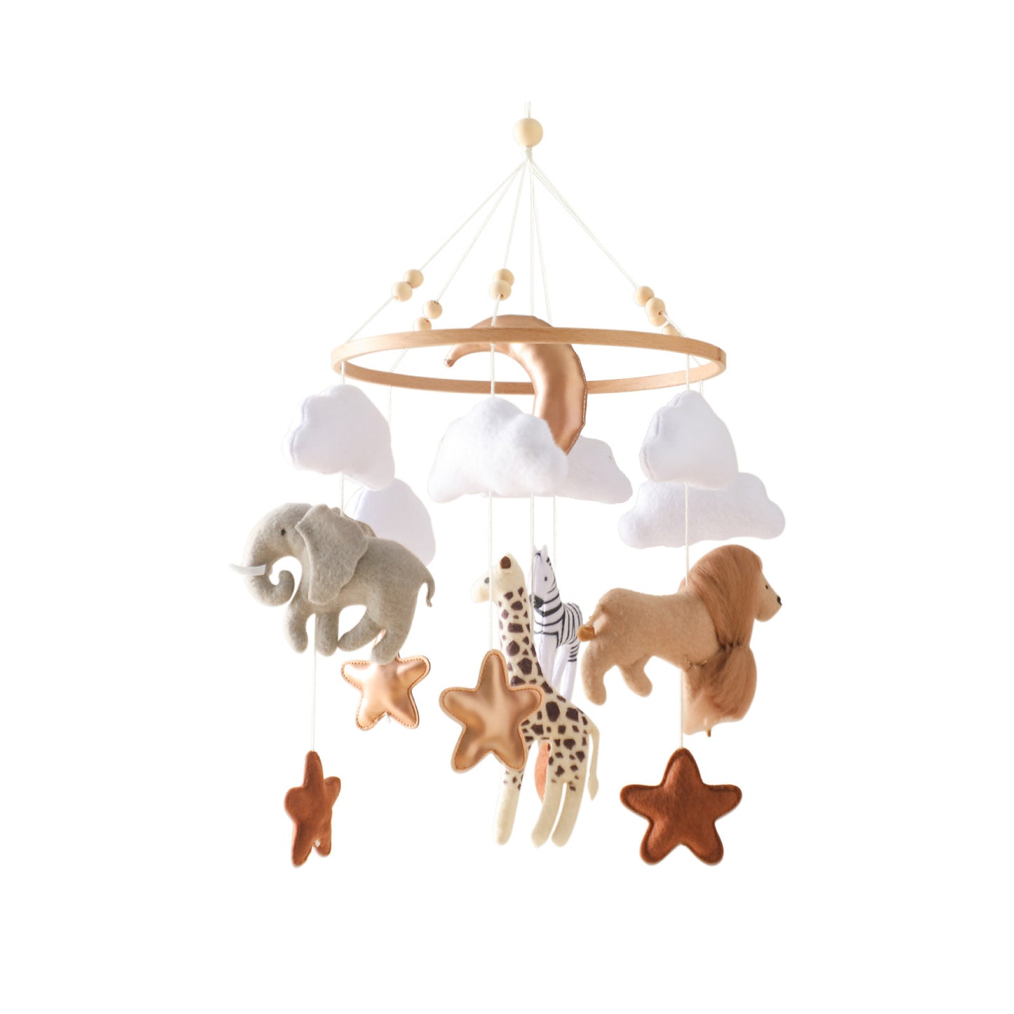 Handcrafted Safari Animal Baby Crib Mobile with Cloud, Star, and Moon Accents