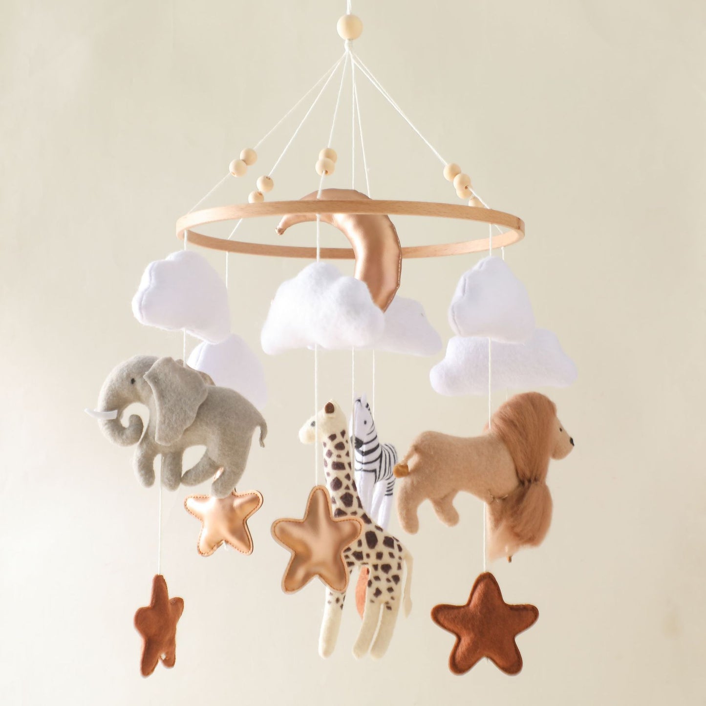 Handcrafted Safari Animal Baby Crib Mobile with Cloud, Star, and Moon Accents