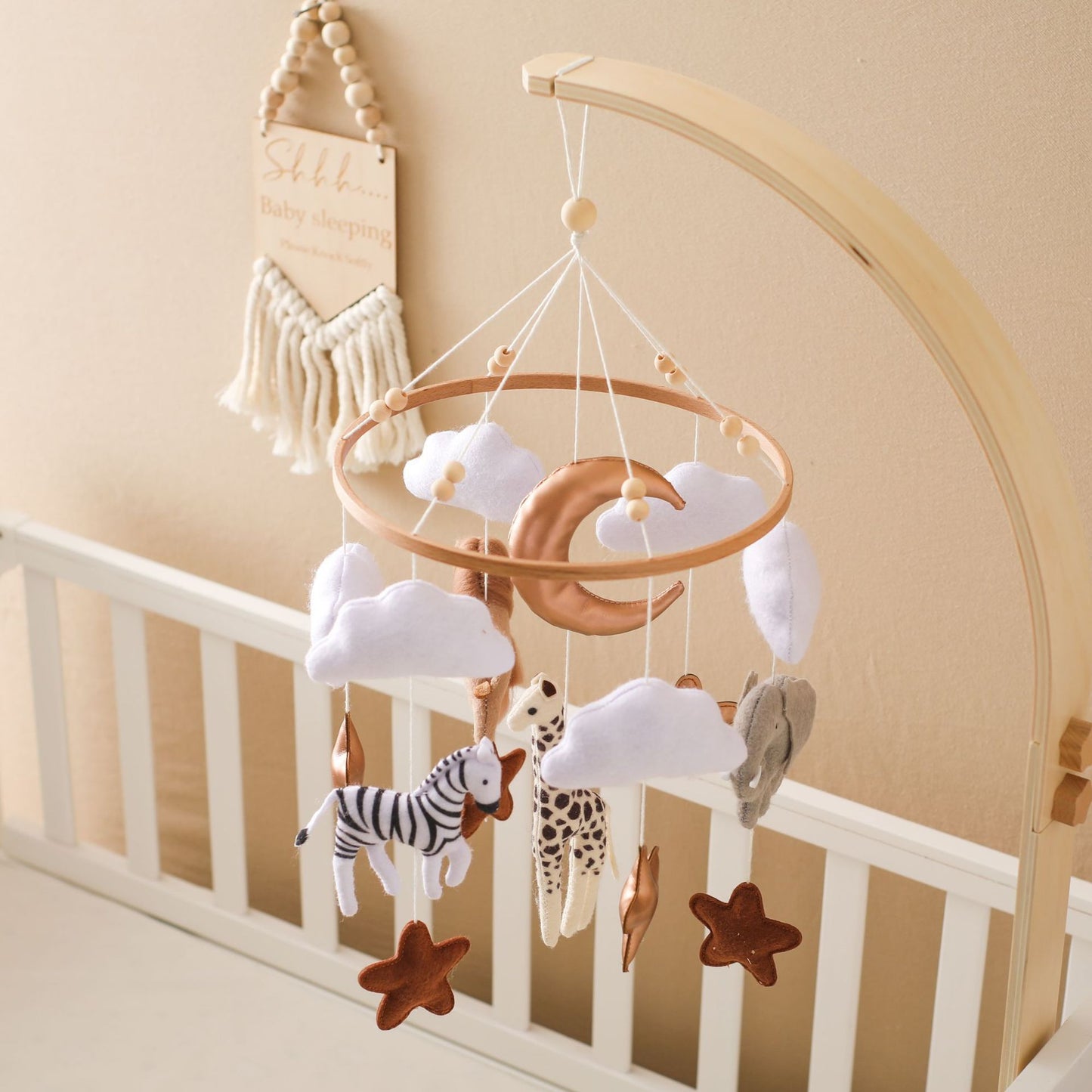 Handcrafted Safari Animal Baby Crib Mobile with Cloud, Star, and Moon Accents